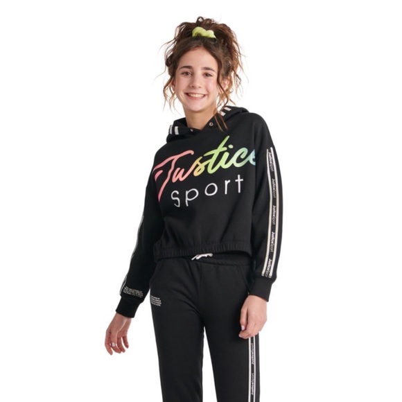 Justice Girls J-Sport Cinch Hem Active Hoodie Black Rainbow sz:M (10) - Picture 4 of 4